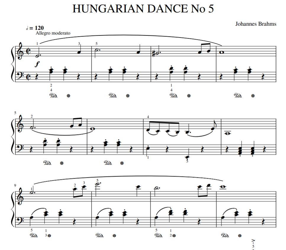 Hungarian Dance No. 5 in A minor  easy  for piano